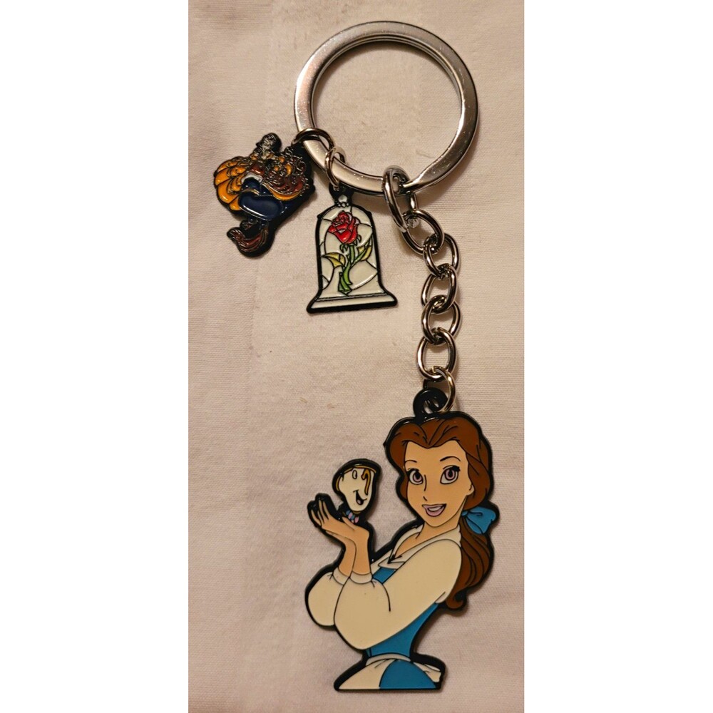 Beauty and the Beast Inspired Belle & Enchanted Rose Enamel Charm Keychain